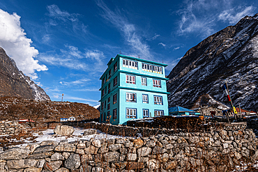 Beautiful turquoise mountain lodge in Langtang village, Langtang Valley, Himalayas, Nepal, Asia