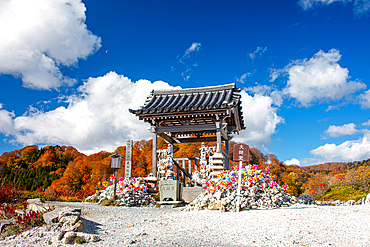 Little shrine in a volcanic landscape and autumnal colors, Osorezan Bodaiji Temple, Mutsu, Aomori prefecture, Honshu, Japan, Asia