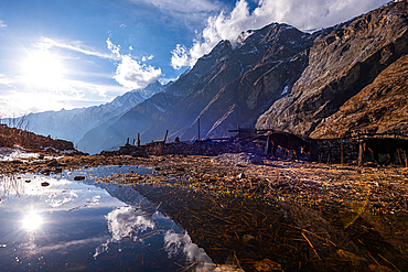 Mountain slopes reflected in a water puddle in agricultural fields, Lang Tang village, Himalayas, Nepal, Asia