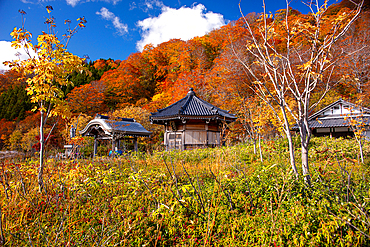 Beautiful Japanese temple surrounded by golden and red autumn colors, Osorezan Bodaiji Temple, Mutsu, Aomori prefecture, Honshu, Japan, Asia