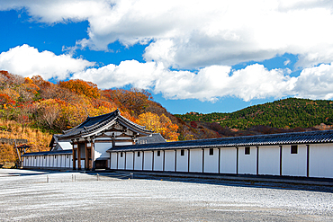 White walls of a Buddhist temple in autumn landscape, Osorezan Bodaiji Temple, Mutsu, Aomori prefecture, Honshu, Japan, Asia