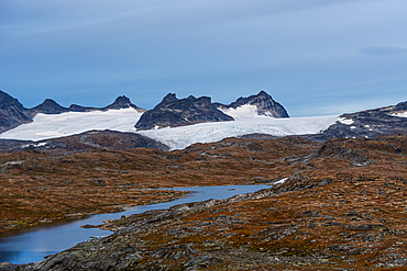 Glacial mountains with melt water lakes, Sognefjellet Mountain Pass, Jotunheimen National Park, Norway, Scandinavia, Europe