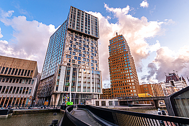 Modern architecture of skyscrapers with beautiful evening light in Rotterdam at Wijnhaven, Rotterdam, The Netherlands, Europe