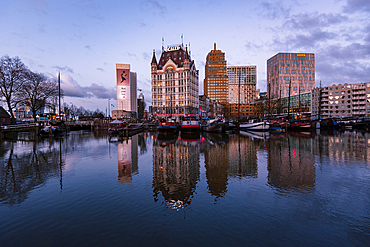 Sunset in the harbor near Blaak, clear reflection at Oude Haven, Rotterdam, The Netherlands, Europe