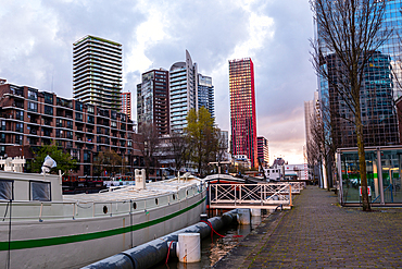 Red Apple and Terraced Tower of Rotterdam in Harbor Gracht of Blaak Rotterdam Wijnhaven, Rotterdam, The Netherlands, Europe