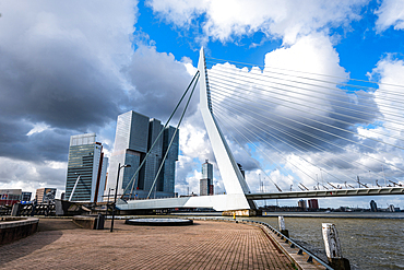 Erasmus Bridge  with modern skyscrapers and dramatic sky, Rotterdam, The Netherlands, Europe