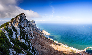 Impressive panoramic view over the Rock of Gibraltar and the peninsula, looking over the white cliffs onto the Mediterranean Sea and mainland Spain, Gibraltar, Europe