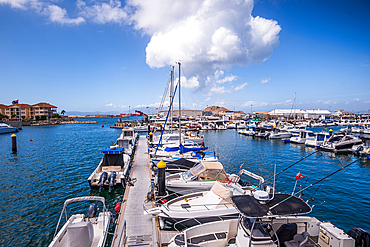 Centre of Gibraltar at the south of Iberian peninsula. Yachts in Queensway Quay