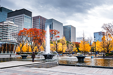 Autumn days in central Tokyo. Skyscraper, overcast and Yellow leaves in Fall. Tokyo Japan. Waterfrountain at Kokyogaien