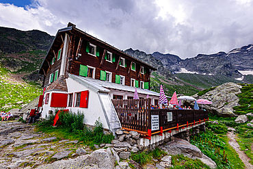 Monte Rosa, Dufourspitze in Italy Alps. Mountain hut, Refugio Zamboni Zappa