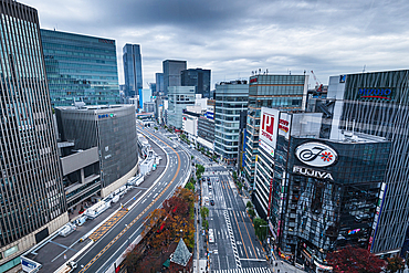 Aerial view of big Intersection in Ginza, looking over the streets and skyscraper facades, Tokyo, Honshu, Japan, Asia