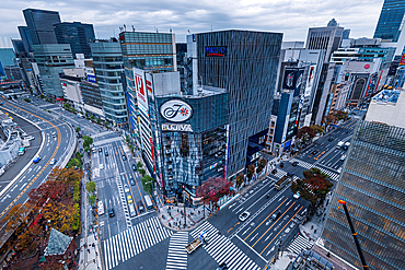 Aerial view of big Intersection in Ginza, looking over the streets and skyscraper facades, Tokyo, Honshu, Japan, Asia