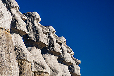 Moai statues against a blue sky in a row, Hokkaido, Japan, Asia