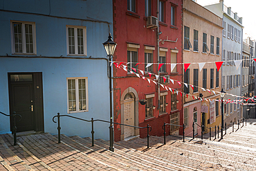 Gibraltar Castle Steps, beautiful residential area on the hill of narrow alleys, Gibraltar, Europe