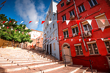 Gibraltar Castle Steps, beautiful residential area on the hill of narrow alleys, Gibraltar, Europe