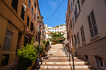 Gibraltar Castle Steps, beautiful residential area on the hill of narrow alleys, Gibraltar, Europe