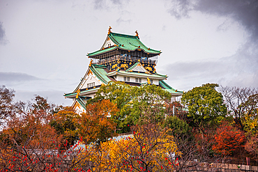 Osaka Castle with autumnal trees, Osaka, Honshu, Japan, Asia