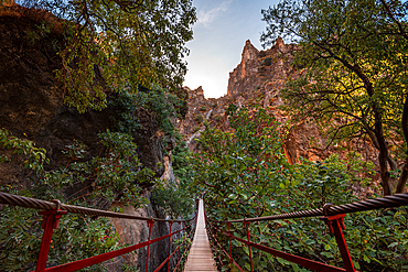 Pedestrian suspension bridge leading through the gorge of Los Cahorros Monachil, Monachil, Sierra Nevada, Granada, Andalusia, Spain, Europe