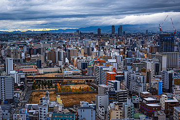 View from the Tsutenkaku Tower in the Shinsekai area, of the city skyline, Osaka, Honshu, Japan, Asia