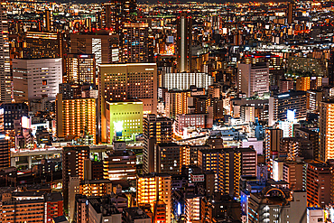 Close up view from Umeda Sky building, night skyline, Osaka, Honshu, Japan, Asia