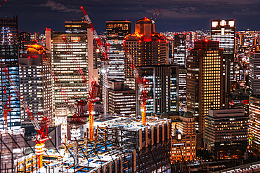 Close up view from Umeda Sky building, night skyline, Osaka, Honshu, Japan, Asia