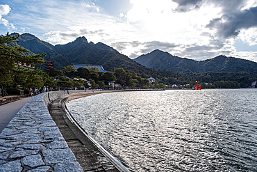 View along the shore line of Miyajima. Hiroshima, Japan, Hiroshima, Japan. Itsukushima Shrine and pagoda