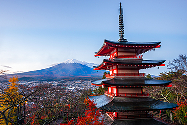 Sunrise at mount Fuji in Autumn. Fujiyoshida Chureito Pagoda Fall leaves iconic landmark Volcano of Japan