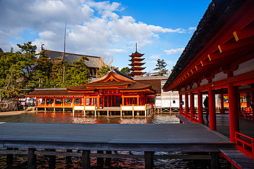 Red Pagoda at Itsukushima Shinto Shrine on Miyajima Island, UNESCO World Heritage Site, famous for floating torii Otori, HiroshimaPrefecture, Honshu, Japan, Asia