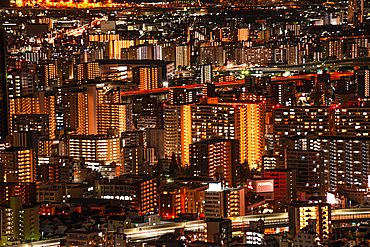 Close-up details, Midnight night skyline of Osaka, Honshu, Japan, Asia