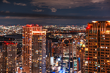 Midnight night skyline of Osaka, Japan. Close up details