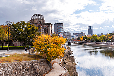 View along the Motoyasu River in Hiroshima, Japan. Autumn at the atomic Bomb memorial.