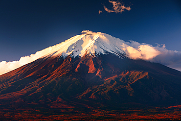 Vibrant sunrise at Five-storey pagoda, Chureito Pagoda, overlooking Fujiyoshida City and Mount Fuji volcano, Fujiyoshida, Honshu, Japan, Asia