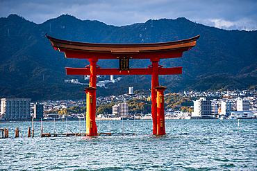 Itsukushima Shrine, Shinto temple with floating torii Otori, on Miyajima Island near Hiroshima, Honshu, Japan, Asia