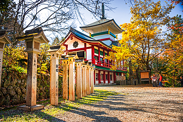 Site of Yoshino Imperial Palace Autumn leaves of maple trees in Japan. Yoshino Yama holy temple mountain near Nara