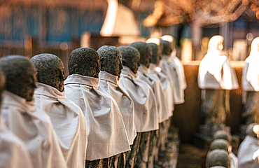 hundreds of Jizo, Buddha statues in Yoshino Nara, Japan. Staying in a row. Zen Buddhism