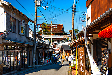 View a long the market street of yoshino with traditional shops and architecture.