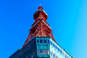 Close up of Sapporo Tower against blue sky, Sapporo, Hokkaido, Japan, Asia