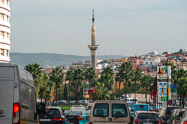 Traffic on the streets of Place de la Ligue Arabe and Syrian Mosque, Tangier, Morocco