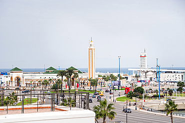 View on port area of Tangier with the prominent Mosque Lalla Aabla. Tangier, Morocco