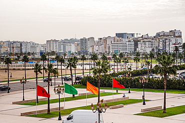 Colorful flags at the port ville area of Tangier, Morocco