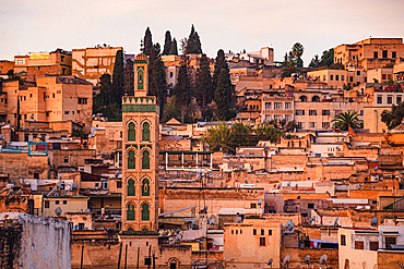 Sunrise over the Medina of Fes, Morocco. Close up details of mosque sidi ahmed fes.