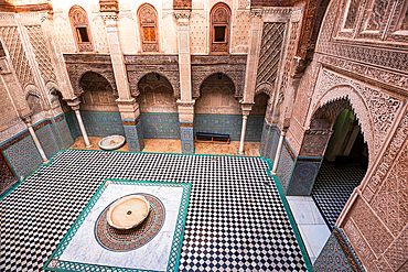 Al-Attarine Madrasa in the Medina of Fes, Morocco. Beautiful interior architecture and Islamic mosaic art.