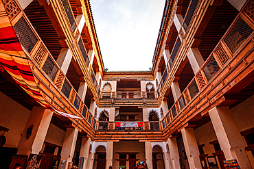 inner yard of a three story Riad in the Medina of Fes, Morocco. Beautiful architecture