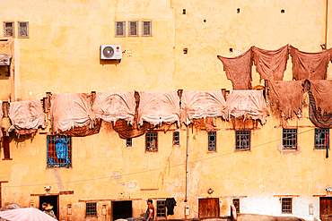 Tannery workers overseeing dye pits in a traditional leather tannery in Fes, Morocco, with yellow walls in the background.