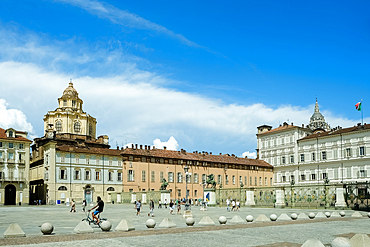 View of Piazza Castello, a prominent square with several important architectural complexes and perimeter of elegant porticoes and facades, Turin, Piedmont, Italy, Europe