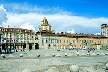 View of Piazza Castello, a prominent square with several important architectural complexes and perimeter of elegant porticoes and facades, Turin, Piedmont, Italy, Europe