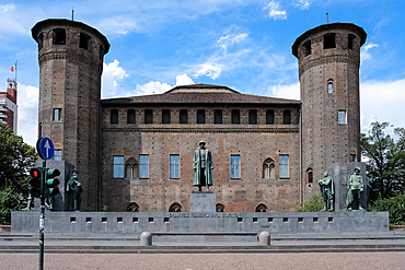 The monument to Emanuele Filiberto, Duke of D'Aosta, located in Piazza Castello, a prominent square housing several city landmarks, museums, theaters and cafes, Turin, Piedmont, Italy, Europe