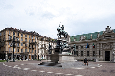 View of the Monument to Carlo Alberto located at the Piazza Carlo Alberto with the National University Library of Turin (BNUTO ) in the background, Turin, Piedmont, Italy, Europe