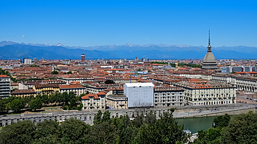 Cityscape from the Monte dei Cappuccini, a hill rising about 200 meters from the right bank of the River Po, in the Borgo Po district, Turin, Piedmont, Italy, Europe