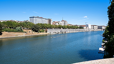 Urban landscape view from the Umberto I Bridge showing the Po River, Turin, Piedmont, Italy, Europe